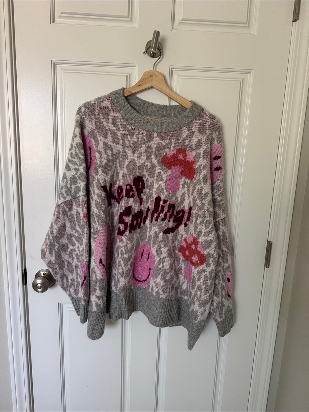 American Eagle Outfitters Gray Crewneck Sweater with Pink & Red Graphics